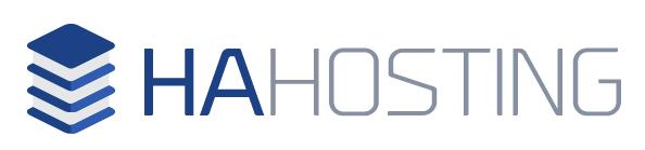 HAHosting Logo. Four Blue Squares. Blue text HA, Grey Text Hosting as a single word