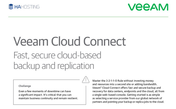 Veeam Cloud Connect Fast, secure cloud-based backup and replication Challenge Even a few moments of downtime can have asignificant impact. It's critical that you can maintain business continuity and remain resilient. Stay safe from ransomware Key capabilities Save oninfrastructure and licensing costs Meet low recovery point objectives (RPOs) Securely designed Send backups off site to a Veeam partner Natively integrated into Veeam Data Platform « Easily send backup and replica jobs offsite to a service provider in just a few clicks + No additional licensing requirements for Veeam Data Platform customers Execute a hybrid strategy with Off-site Backup « End-to-end encryption protects data at the source and in-flight through a secure SSL/TLS connection and at rest « Protect backup data from intentional or accidental deletion with insider protection services Maintain business continuity with DRaaS + Achieve full- or partial-site failover to a remote disaster recovery (DR) site from any location through a secure web portal « Meet the most stringent recovery objectives ranging from minutes to seconds with Continuous Data Protection (CDP) « Easily store backups off site for retention, secure recovery and more by leveraging a service provider's cloud * Quickly get started without needing to build out additional backup infrastructure ©2023Veeam Software.Confidentialinformation.Alrightsreserved.Altrademarksarethepropertyoftheirrespectiveowners. 7/4/5081 & Master the 3-2-1-1-0 Rule without investing money and resources into a second site or adding bandwidth. Veeam® Cloud Connect offers fast and secure backup and recovery for data centers, endpoints and the cloud, all from a single web-based console. Getting started is as simple as selecting a service provider from our global network of partners and pointing your backup or replica jobs to the cloud.